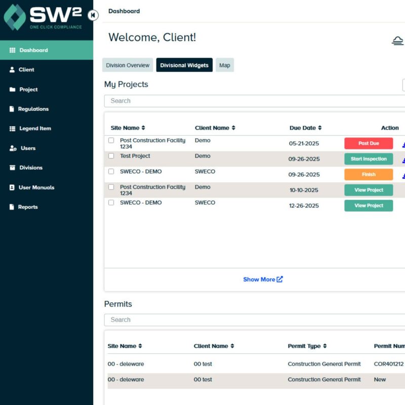 Dashboard showing project lists, statuses, due dates, and menu.
