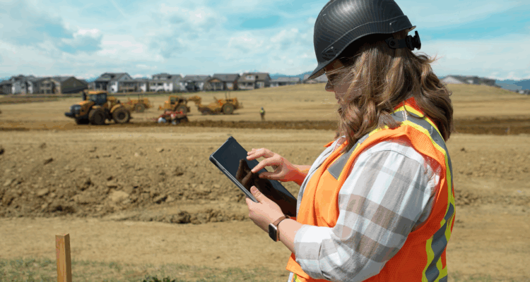 Person in hard hat and vest uses tablet at construction site.