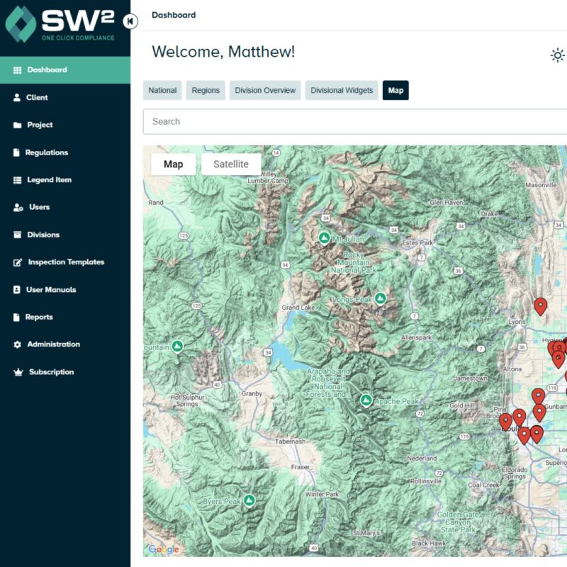 Dashboard with map markers, sidebar menu, and 