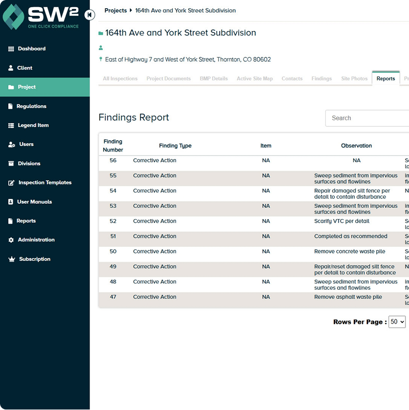 Findings report table showing actions, numbers, and observations.