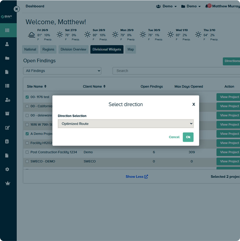 Dashboard pop-up: Select direction, Optimized Route chosen, Ok/cancel.