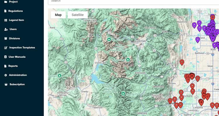Dashboard with map, red and blue markers, menu, and greeting.