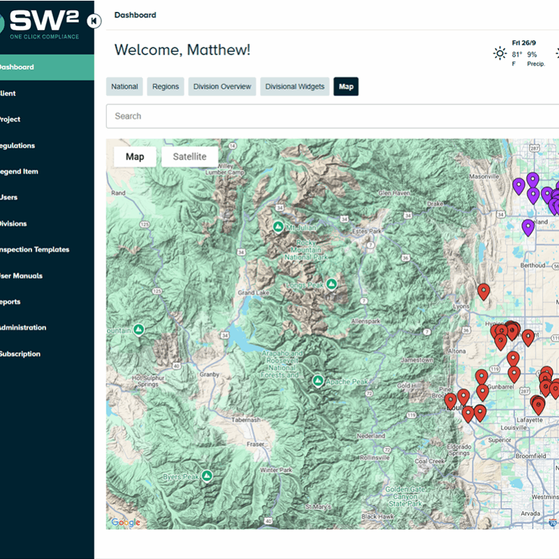 Dashboard with map, red and blue markers, menu, and greeting.