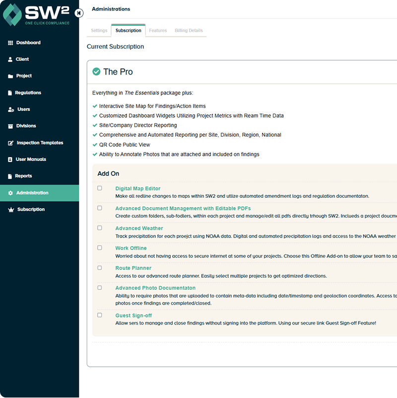 Subscription dashboard with Pro plan details and add-ons listed.