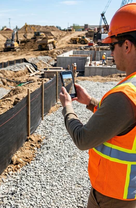 A construction worker in an orange vest and helmet uses a smartphone at a busy construction site with machinery and dirt piles under a clear sky.