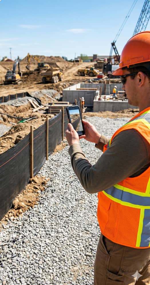 A construction worker in an orange vest and helmet uses a smartphone at a busy construction site with machinery and dirt piles under a clear sky.