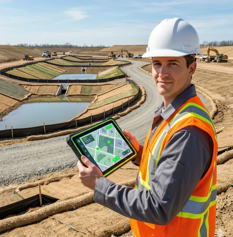Construction worker in a safety vest and helmet holds a tablet displaying a site map. He stands near a construction site with excavators and retention ponds.