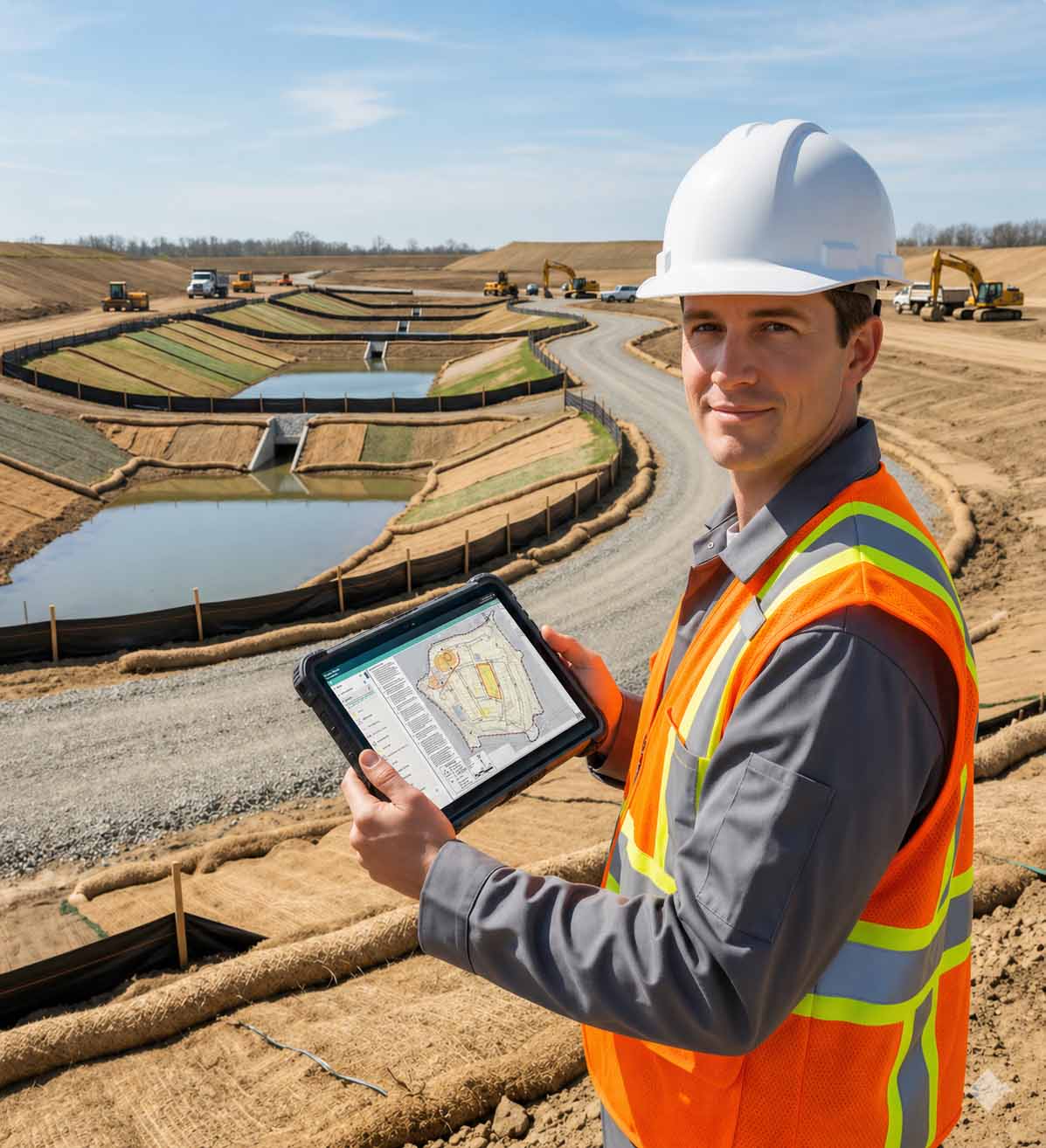 Construction worker in a safety vest and helmet holds a tablet displaying a site map. He stands near a construction site with excavators and retention ponds.