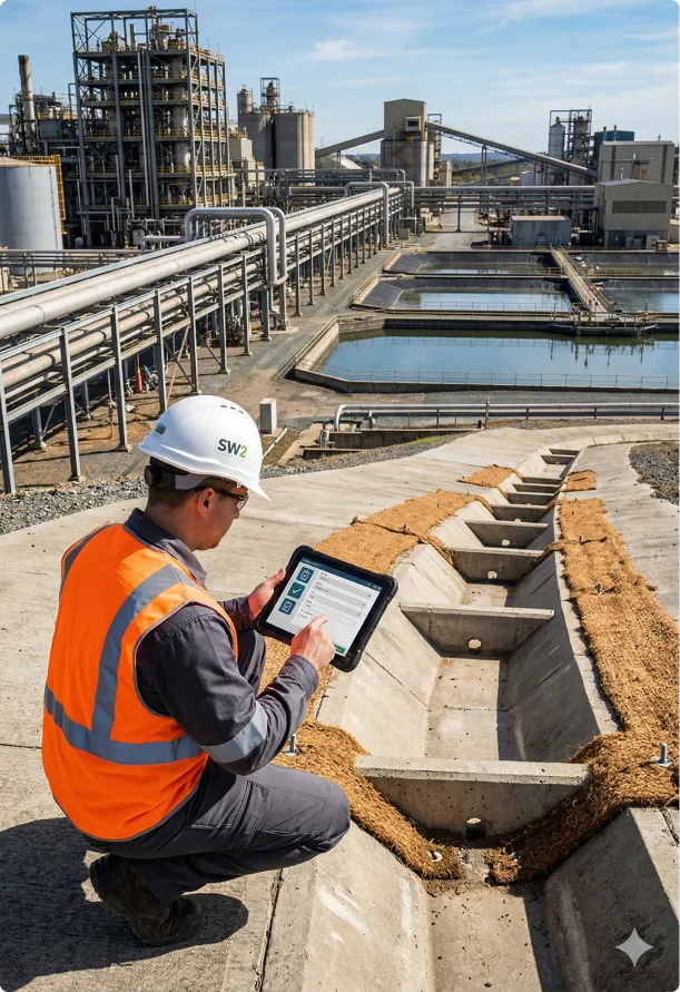 A worker in a hard hat and orange vest uses a tablet beside an industrial water treatment facility. The scene includes large pipes and settling pools.