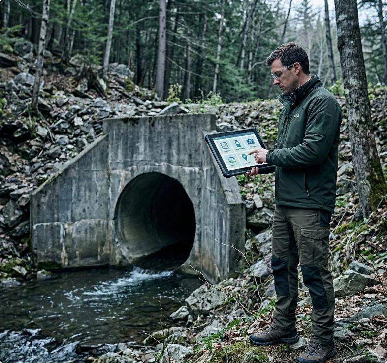A man stands in a forest setting using a tablet, focused on a concrete tunnel with water flowing out. He is surrounded by rocks and trees, creating a serene, natural atmosphere.