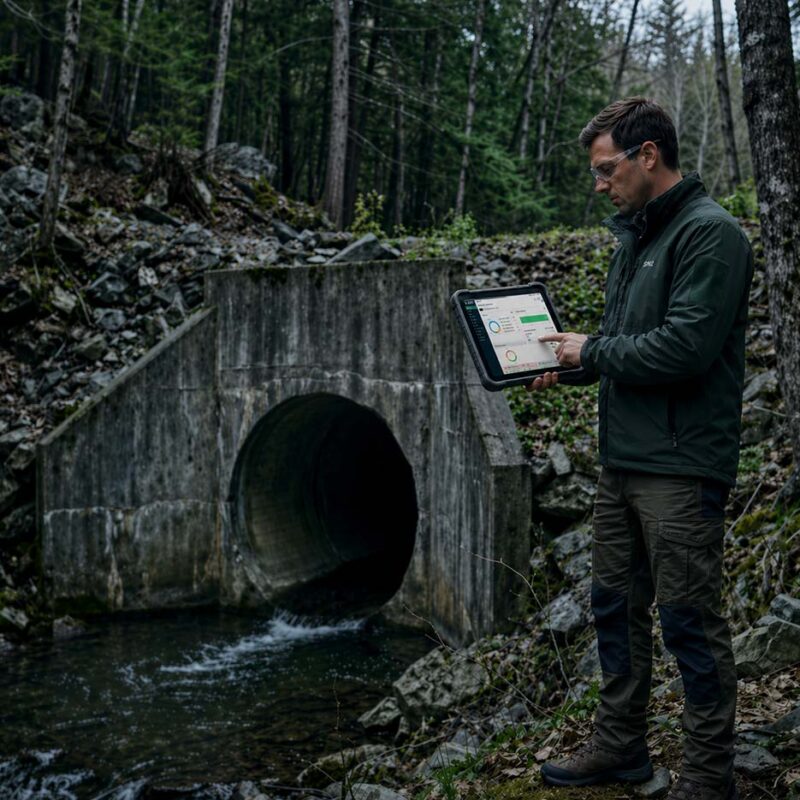 A man stands in a forest setting using a tablet, focused on a concrete tunnel with water flowing out. He is surrounded by rocks and trees, creating a serene, natural atmosphere.