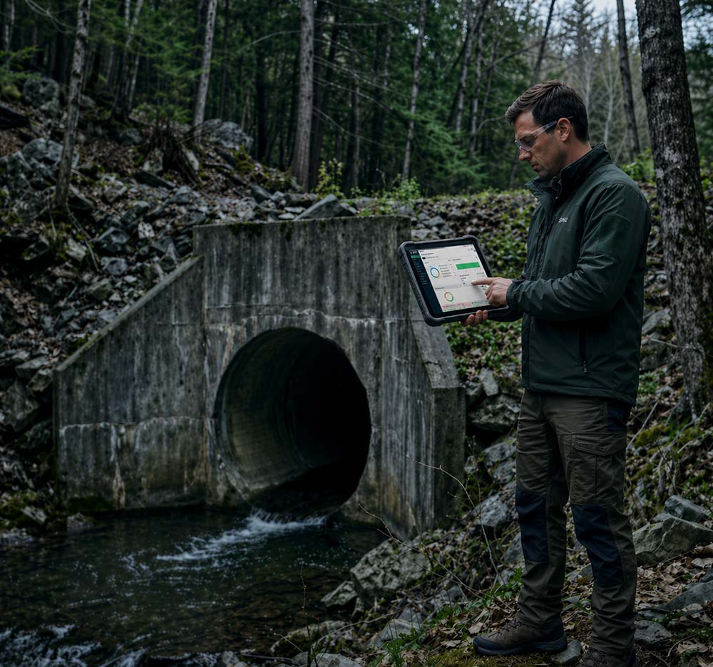 A man stands in a forest setting using a tablet, focused on a concrete tunnel with water flowing out. He is surrounded by rocks and trees, creating a serene, natural atmosphere.
