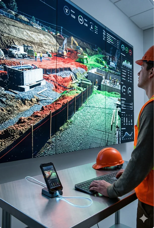 A construction engineer in a hard hat and vest views a large digital screen displaying a 3D model of a construction site with data overlays. A tablet and helmet rest on a desk nearby.