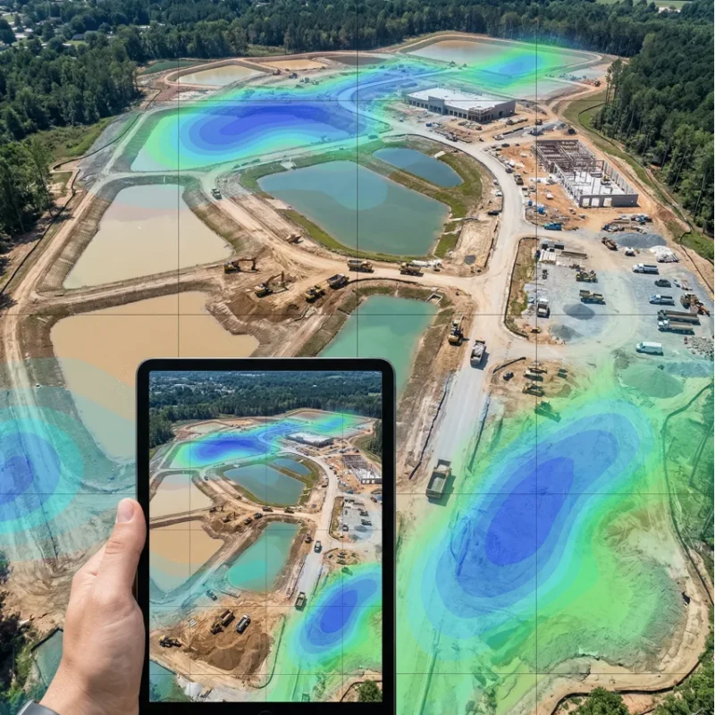 Aerial view of a construction site with several rectangular ponds, overlaid with a green to blue heat map. A hand holds a tablet showing the same site.