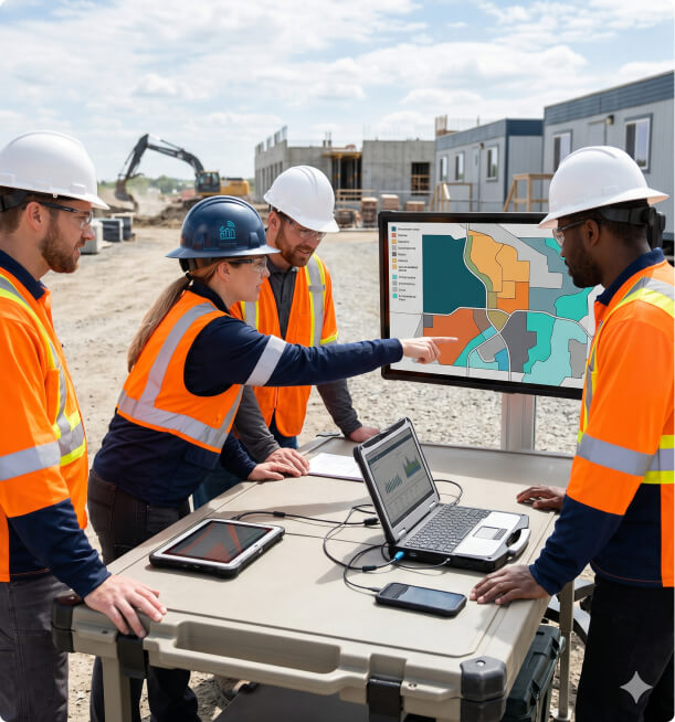 Four construction workers in high-visibility vests and helmets discuss a colorful site map on a monitor at a table with laptops and tablets.