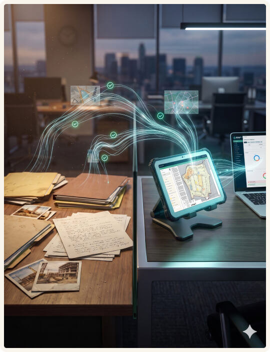 A modern office with a wooden desk cluttered with papers and photos on the left, and a sleek desk featuring a glowing tablet and laptop on the right. Digital data streams connect them, suggesting technology integration, innovation, and transformation through digitalization.