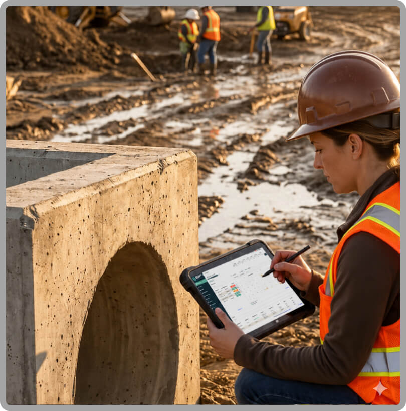 A construction worker in a hard hat and safety vest uses a tablet on a muddy site. In the background, three workers examine the area.