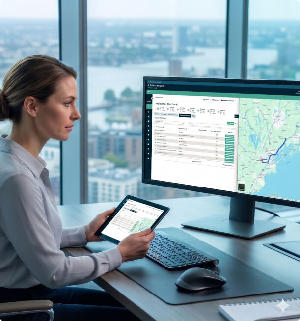 A woman in a modern office uses a tablet and computer, viewing data and a map on the screen. The cityscape outside the window is blurred.