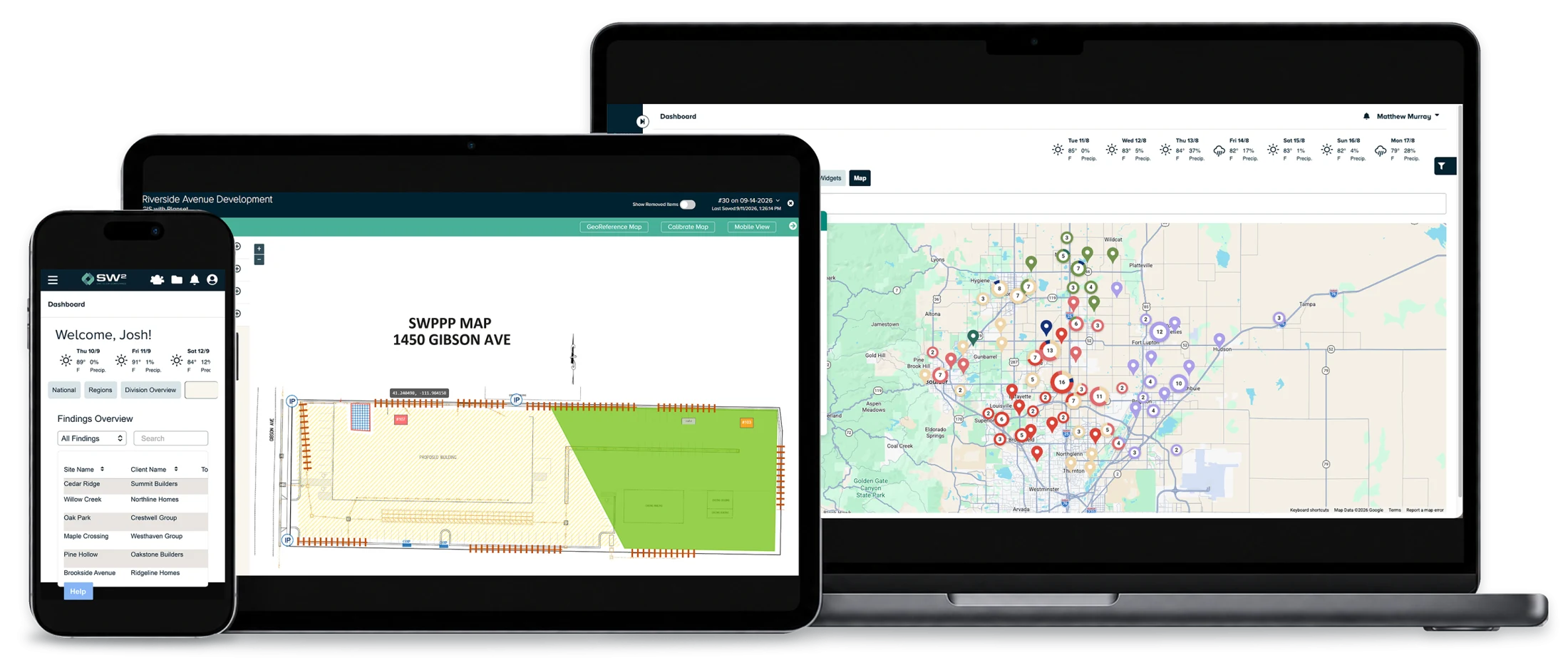SW2 dashboard, SWPPP site map and findings shown across a laptop, tablet and phone.