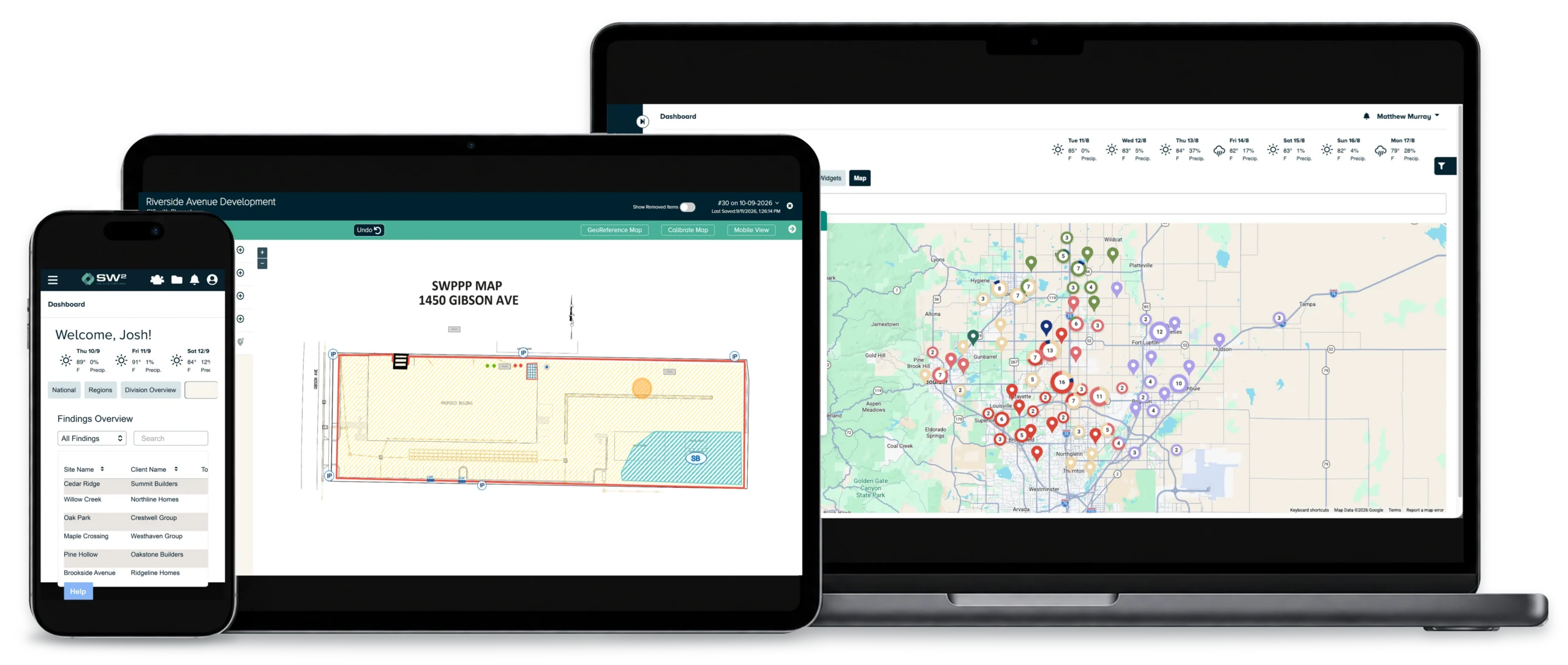 SW2 dashboard, SWPPP site map and findings shown across a laptop, tablet and phone.
